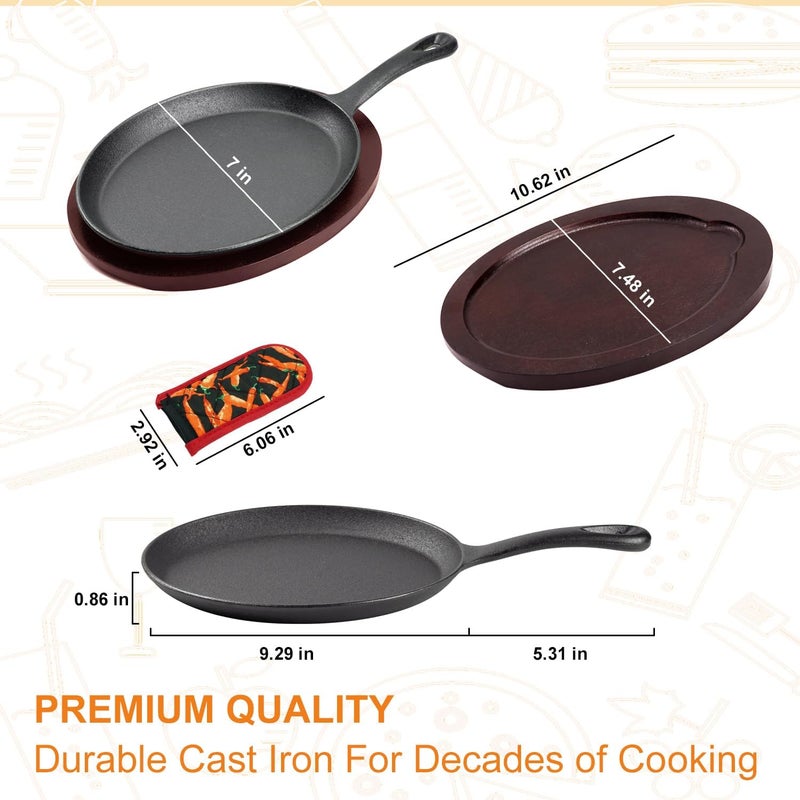 DVK Sizzling Plate with Wooden Base Fajita Skillet with Scald Protection Hot Mitt Cast Iron Plate for Home Barbeque Kitchen Service - Image 3