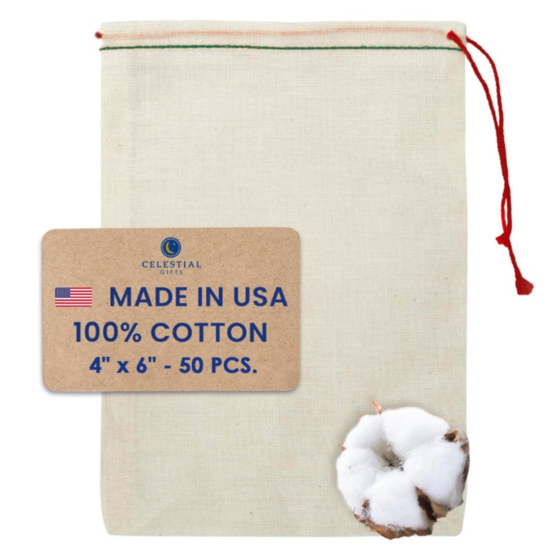 Celestial Gifts Muslin Bags Drawstring Bags Small 50pcs 4x6 Reusable Tea Coffee Jewelry Gift Spice and Sachet Bag 100 Cotton Made in USA Green Hem Red Drawstring