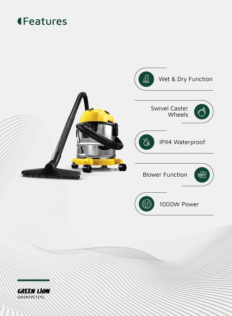 GREEN LION Ultra 3 In 1 Vacuum Cleaner 12L 1000W with Blower, Wet & Dry Function / 15kPa Suction Power Hoover / Swivel Caster Wheels / Fabric Dust Bag Vacuum / 3 Meter Cord Length / Multiple Nozzles / 1.5m Long Hose - Yellow - Image 2