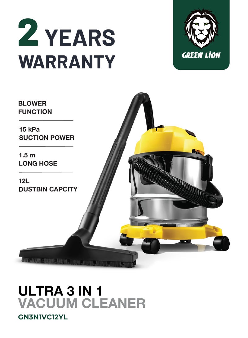 GREEN LION Ultra 3 In 1 Vacuum Cleaner 12L 1000W with Blower, Wet & Dry Function / 15kPa Suction Power Hoover / Swivel Caster Wheels / Fabric Dust Bag Vacuum / 3 Meter Cord Length / Multiple Nozzles / 1.5m Long Hose - Yellow - Image 1