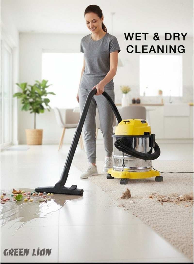 جرين ليون مكنسة كهربائية فائقة 3 في 1 بقوة 1000 واط مع منفاخ، سعة كيس الغبار 12 لترًا، وظيفة التنظيف الجاف والرطب، شفط قوي، عجلات دوارة، سلك بطول 3 أمتار، فوهات متعددة، خرطوم بطول 1.5 متر - أصفر - Image 3