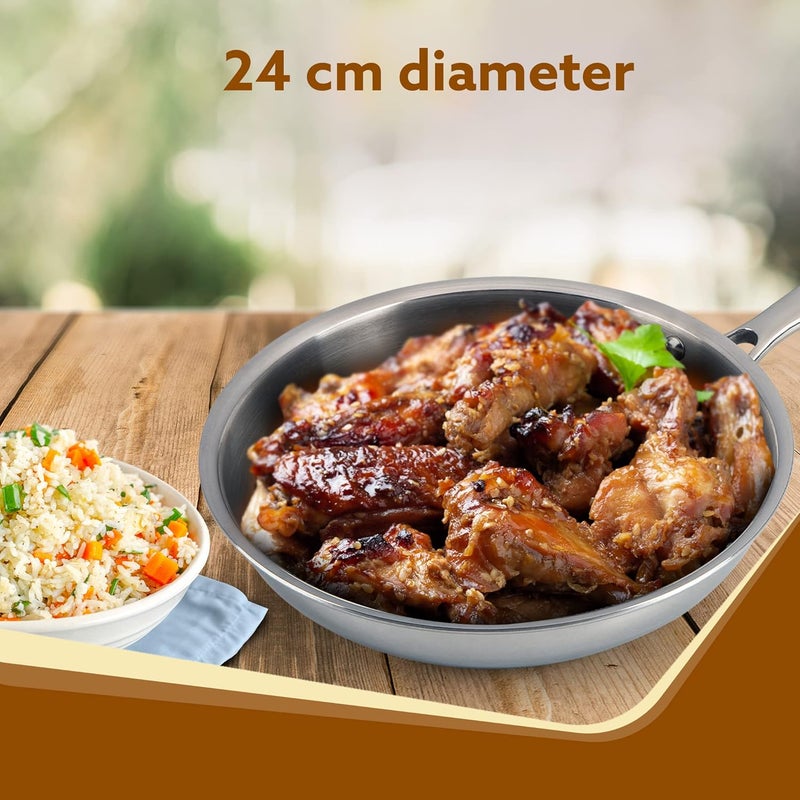 AGARO Regency Tri-Ply Steel Frying Pan, 1.5L Capacity, 24 cm Diameter, Stainless Steel, Riveted Handle, Food Safe, Gas Oven and Induction Oven Compatible, Silver - Image 2