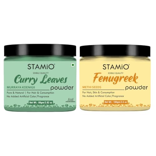 STAMIO Hair Care 2 Products Combo 180 gm - Methi (Fenugreek) and Curry Leaves Powder for Mask, Pack, Anti-Dandruff, Shine | Natural Powders Kit | In Jar (100gm + 80gm) - Image 1
