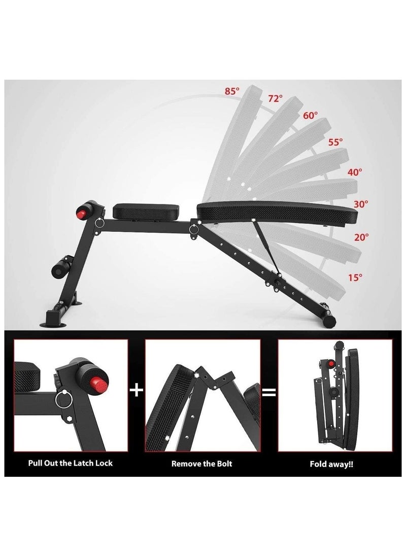 Adjustable Weight Bench Foldable Strength Training Bench Press with Resistance Band Sturdy Durable Sit Up Bench Full Body Workout for Home Gym (Black)