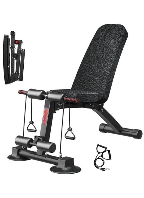 Adjustable Weight Bench Foldable Strength Training Bench Press with Resistance Band Sturdy Durable Sit Up Bench Full Body Workout for Home Gym (Black)