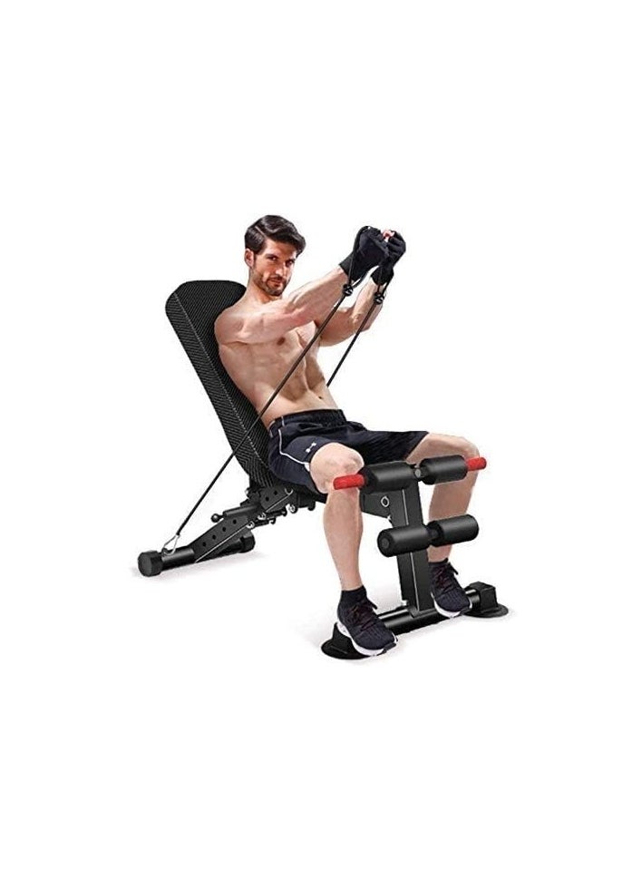 Adjustable Weight Bench Foldable Strength Training Bench Press with Resistance Band Sturdy Durable Sit Up Bench Full Body Workout for Home Gym (Black)