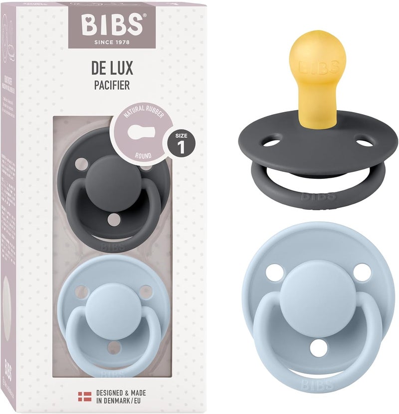 Bibs De Lux Pacifier 2 Pack - BPA Free Natural Rubber Soothers for Infants 0-6 Months, Iron and Baby Blue - Image 1