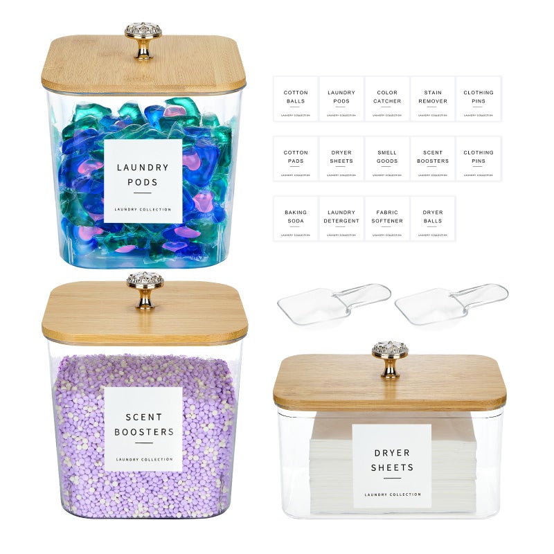 POLRAI 3 Pack Laundry Room Organization Storage Containers Acrylic Laundry Pod Containers and Dryer Sheet Holder with Lids and Labels for Laundry Detergent Laundry Pods Dry Sheet Organizing