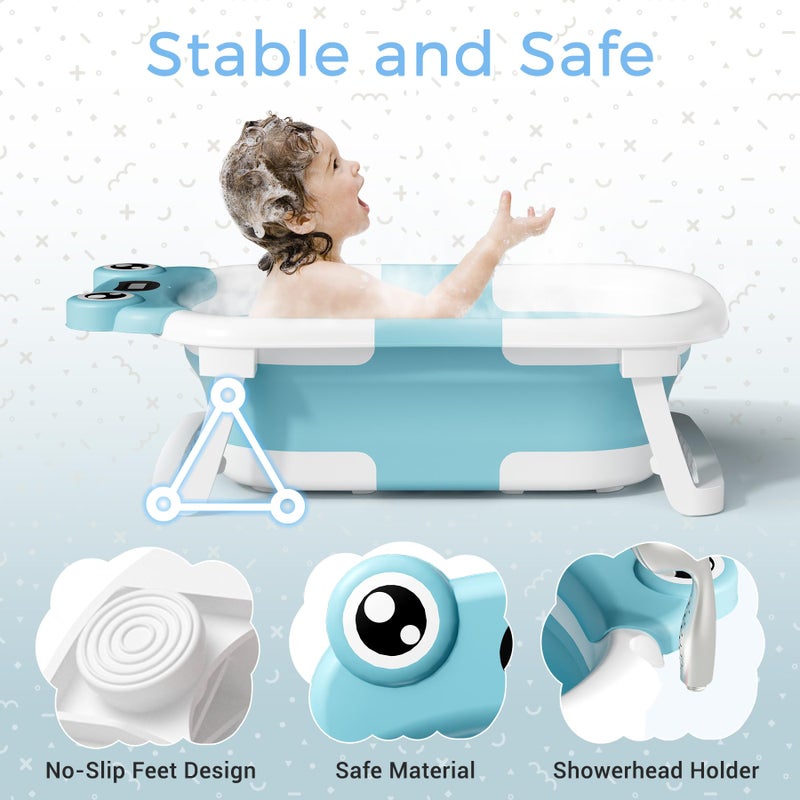 BUNWAG Baby Bathtub, Collapsible Newborn Bathtub for Infant to Toddler 0-24 Months with Soft Bath Net,Portable Travel Newborn Tub with No-Slip Feet, Baby Shower Gifts,Sky Blue - Image 3