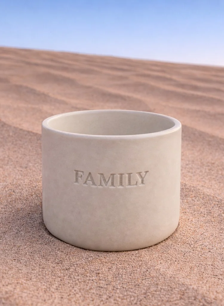 تحفة لوكس كوب سيراميك عربي مصنوع يدويًا من توهفا لوكس – «Family | عائلة» محفور باللغتين العربية والإنجليزية – لون الرمل الصحراوي – حجم كبير