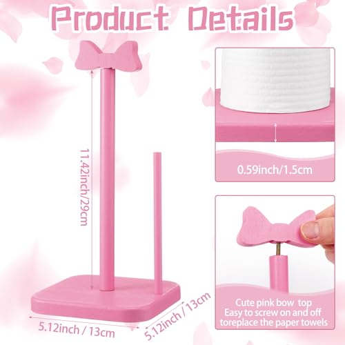 Leinuosen Pink Bow Paper Towel Holder Coquettish Cute Bow Wooden Paper Towel Holder Pink Bathroom Countertop Accessories Kitchen Roll Stand Organizer Standing Apartment Decor Housewarming Gift - Image 3