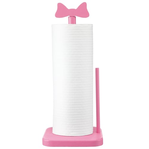 Leinuosen Pink Bow Paper Towel Holder Coquettish Cute Bow Wooden Paper Towel Holder Pink Bathroom Countertop Accessories Kitchen Roll Stand Organizer Standing Apartment Decor Housewarming Gift - Image 1