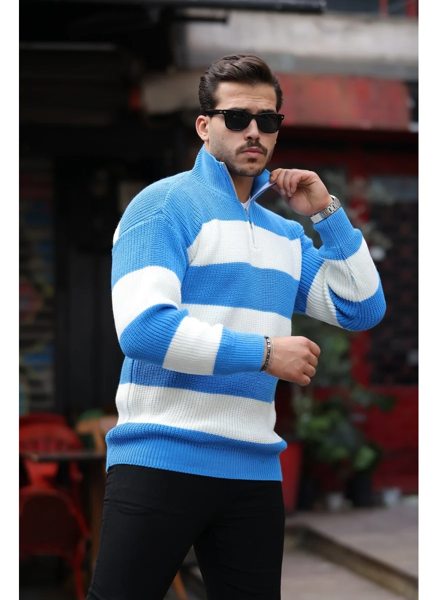 Valiberta Striped Selanik Knitted Half Zipper Knitwear Men's Sweater - Blue