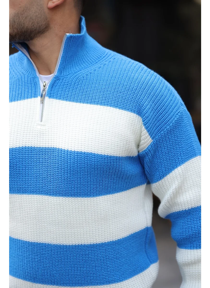 Valiberta Striped Selanik Knitted Half Zipper Knitwear Men's Sweater - Blue
