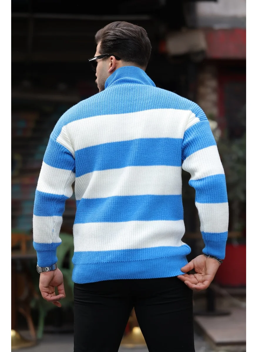 Valiberta Striped Selanik Knitted Half Zipper Knitwear Men's Sweater - Blue