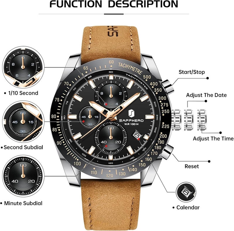 Sapphero ساعة يد رجالية SAPPHERO بحزام سيليكون مقاومة للماء حتى عمق 10 أمتار، علبة من الفولاذ المقاوم للصدأ، كوارتز ياباني، تصميم تاريخ، تصميم رياضي غير رسمي، أفضل الهدايا للرجال - Image 3