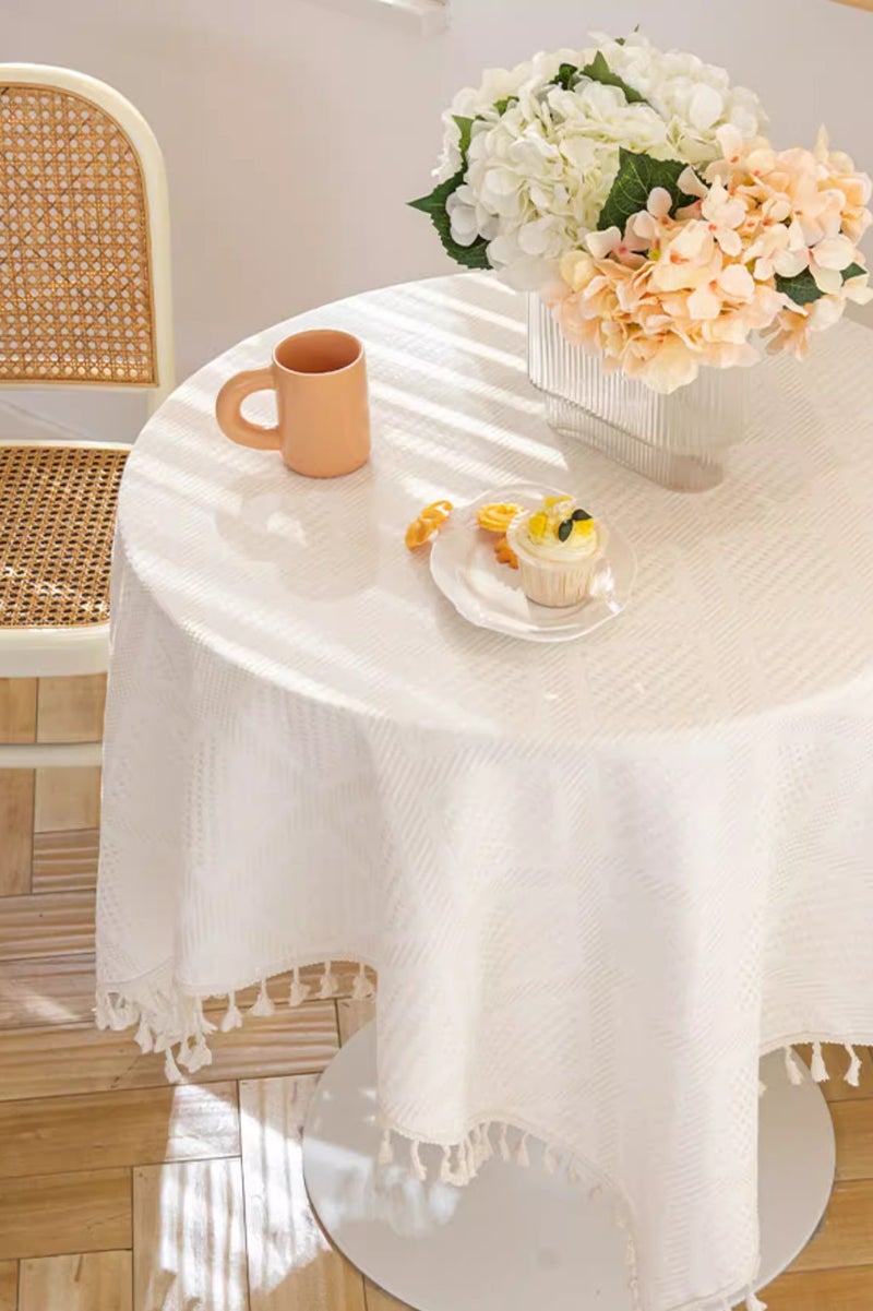 شيانغ مي مفرش طاولة من الكتان القطني باللون الأبيض البيج مقاس 120 سم × 120 سم، مفرش طاولة مزخرف بغطاء طاولة دائري (يتم إرساله عشوائيًا) - Image 4