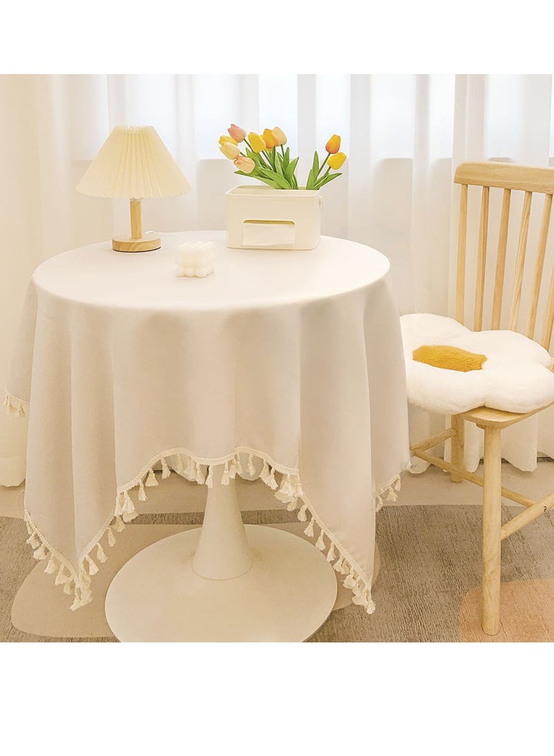 شيانغ مي مفرش طاولة من الكتان القطني باللون الأبيض البيج مقاس 120 سم × 120 سم، مفرش طاولة مزخرف بغطاء طاولة دائري (يتم إرساله عشوائيًا) - Image 1