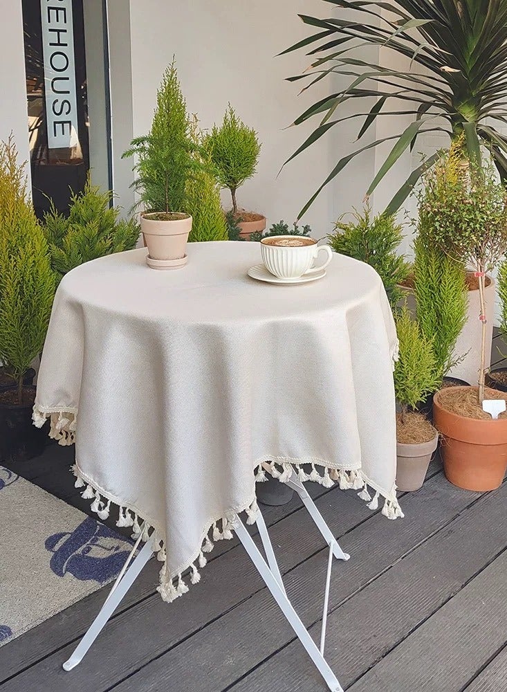 شيانغ مي مفرش طاولة من الكتان القطني باللون الأبيض البيج مقاس 120 سم × 120 سم، مفرش طاولة مزخرف بغطاء طاولة دائري (يتم إرساله عشوائيًا) - Image 3