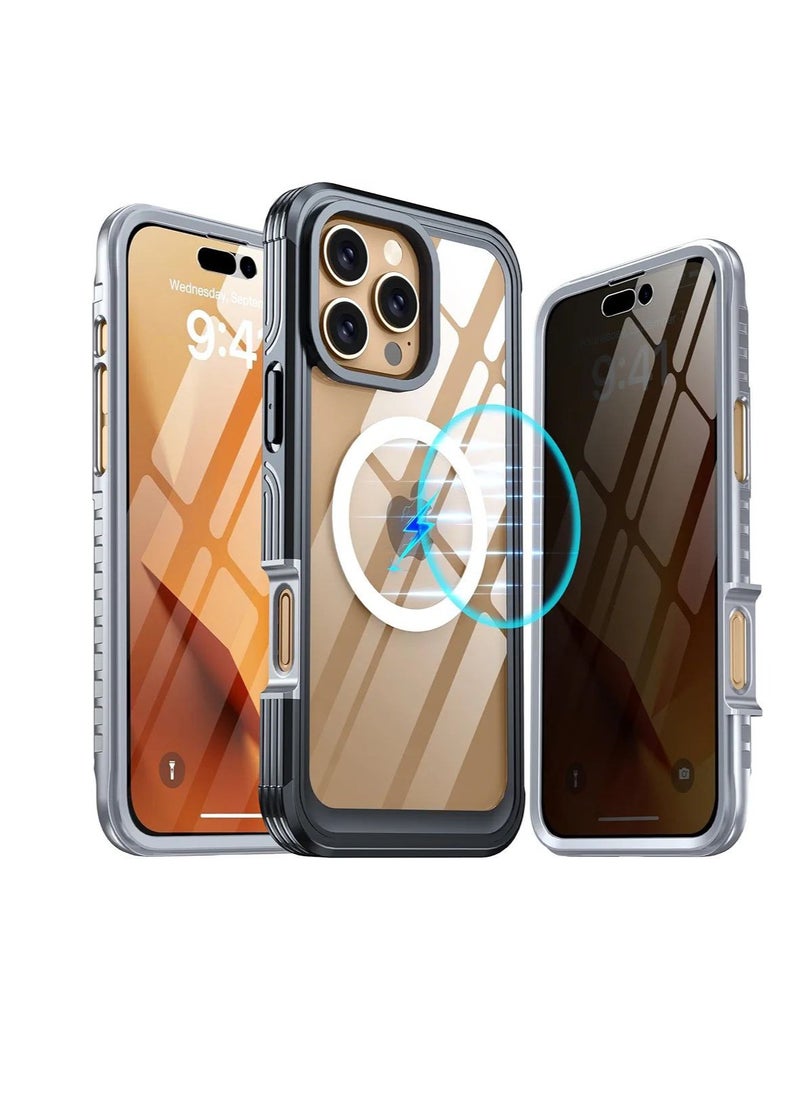 iPhone 16 Pro Max Case, Double Front Frame Built-in 9H Tempered Glass Screen Protector + Privacy Screen Protector, Compatible with MagSafe, Magnetic Phone Case for iPhone 16 Pro Max