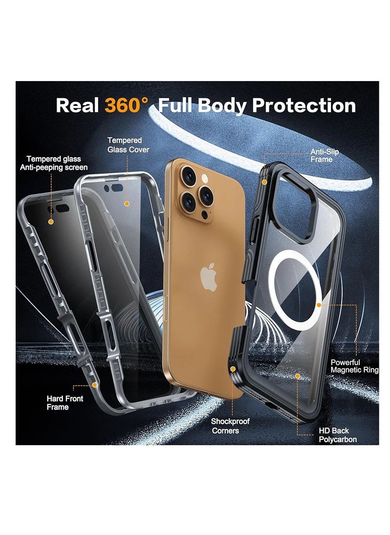 iPhone 16 Pro Max Case, Double Front Frame Built-in 9H Tempered Glass Screen Protector + Privacy Screen Protector, Compatible with MagSafe, Magnetic Phone Case for iPhone 16 Pro Max