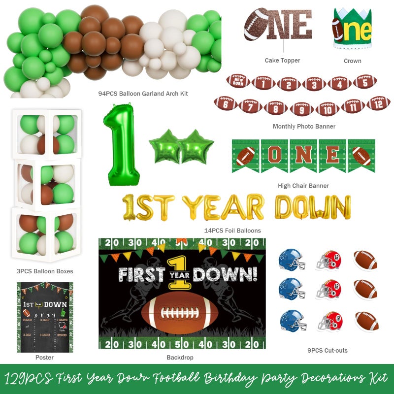 Fiesec First Year Down Birthday Party Decorations Football 1st Birthday Decorations Touchdown Backdrop Balloon Banner Cake Topper Box Baby Boy First Sport Party Supplies - Image 3