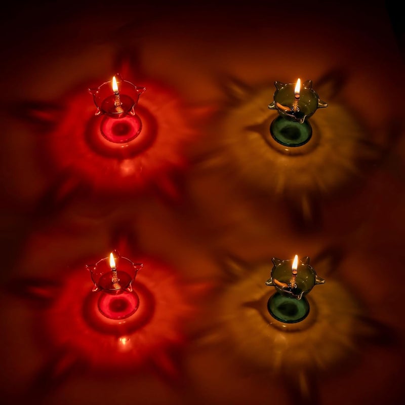 KWER KWER Transparent 3D Floating Reflection Special Reusable Flower Diya Deepak Colourful Decorative Dussehra Diwali Deepak Oil Diye for Decoration Pack of 4 RED Blue X 2 - Image 2