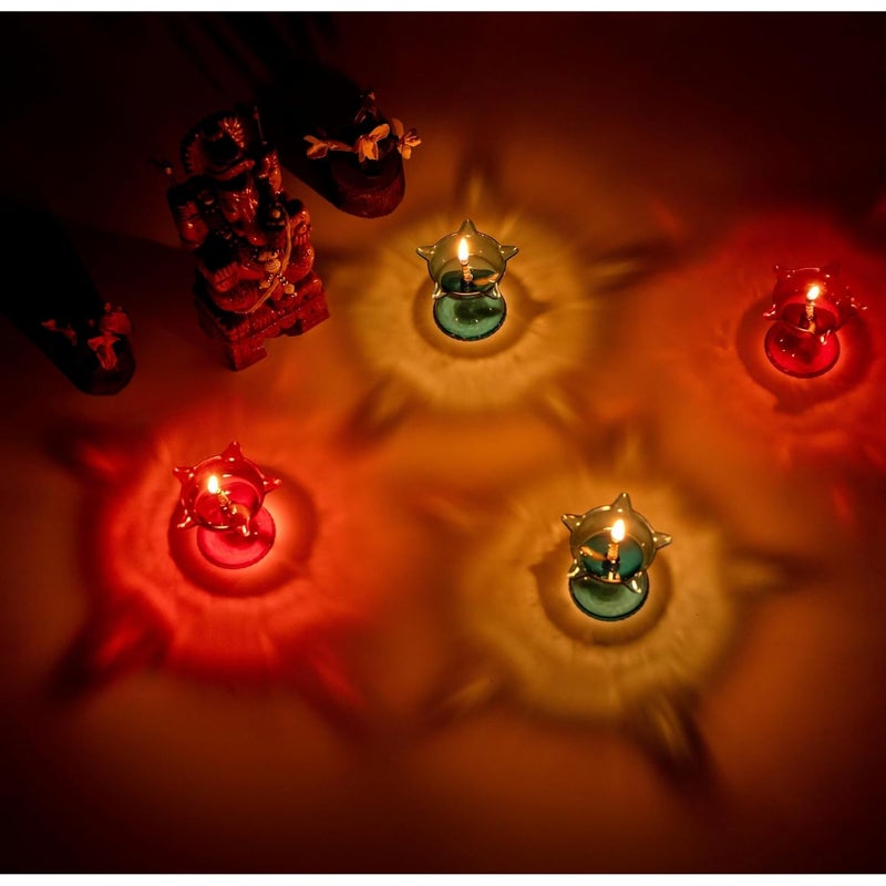 KWER KWER Transparent 3D Floating Reflection Special Reusable Flower Diya Deepak Colourful Decorative Dussehra Diwali Deepak Oil Diye for Decoration Pack of 4 RED Blue X 2 - Image 1