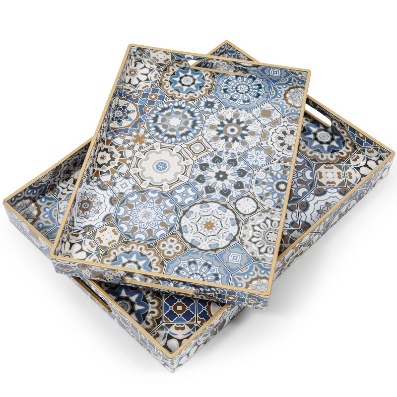 AGIOTA 2 Pcs Serving Tray with Handles Bohemian Decorative Tray Large Ottoman Trays for Living Room Blue Coffee Table Trays for Breakfast