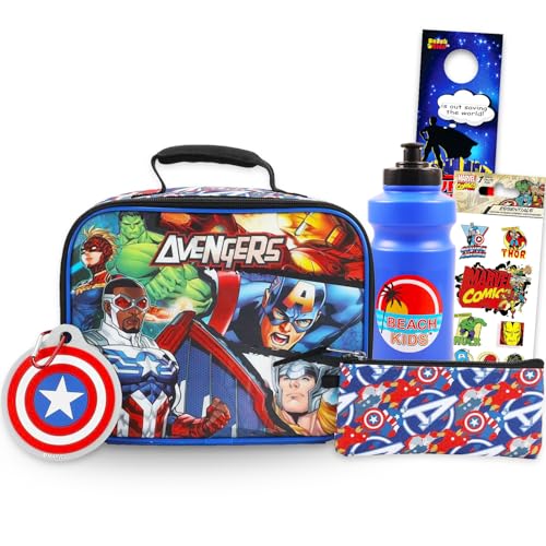 Marvel Avengers Lunch Box for Boys Set - Bundle Lunch Bag, Keychain, Water Bottle, Stickers, More Avengers Meal Container Kit for Kids - Image 1