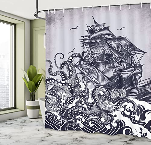 Ambesonne Nautical Shower Curtain, Coastal Nature Theme Kraken Octopus Tentacles with Ship Sail Old Boat Art Drawing in Ocean Waves, Cloth Fabric Decor for Bathroom Set with Hooks, 69" W x 70" L, Blue - Image 4