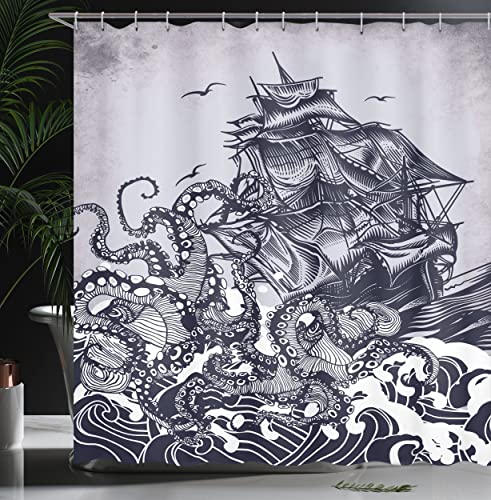 Ambesonne Nautical Shower Curtain, Coastal Nature Theme Kraken Octopus Tentacles with Ship Sail Old Boat Art Drawing in Ocean Waves, Cloth Fabric Decor for Bathroom Set with Hooks, 69" W x 70" L, Blue - Image 3