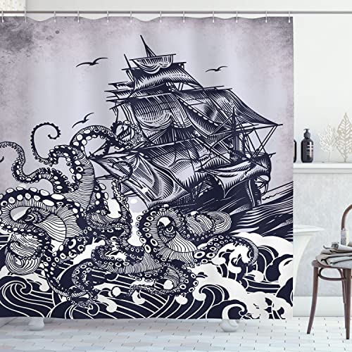 Ambesonne Nautical Shower Curtain, Coastal Nature Theme Kraken Octopus Tentacles with Ship Sail Old Boat Art Drawing in Ocean Waves, Cloth Fabric Decor for Bathroom Set with Hooks, 69" W x 70" L, Blue - Image 1