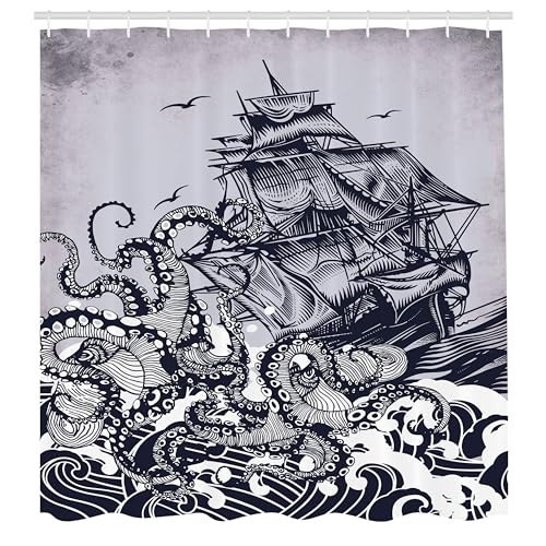 Ambesonne Nautical Shower Curtain, Coastal Nature Theme Kraken Octopus Tentacles with Ship Sail Old Boat Art Drawing in Ocean Waves, Cloth Fabric Decor for Bathroom Set with Hooks, 69" W x 70" L, Blue - Image 2