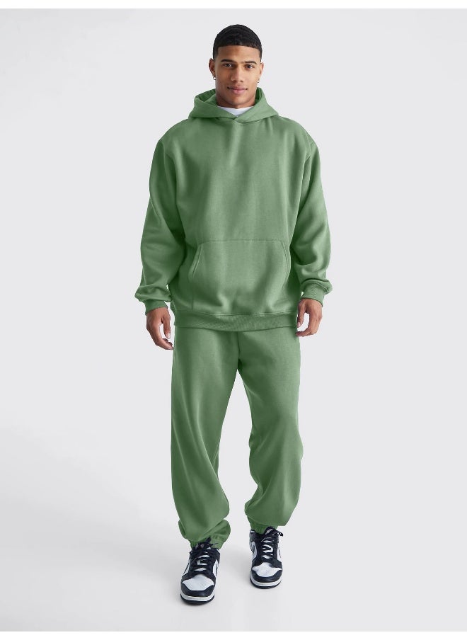 Maniac Mens Solid Hunter Green Hooded Neck Sweatshirt and Jogger Cotton Loopknit Fleece Co-Ords  - Image 1