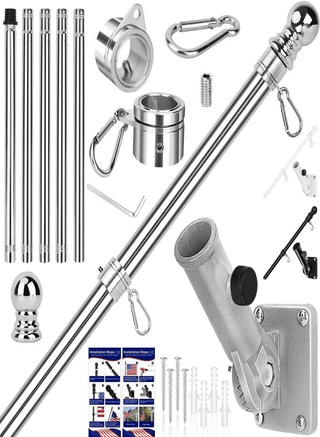 HPGOED Flag Pole Kit, 6 FT Flag Poles for Outside House, Aluminum Alloy Tangle Free Rings, Flagpole Kits with Holder Bracket, Stainless Steel Flagpoles for Residential, Outdoor or Porch, 1 Inch Silver - Image 1