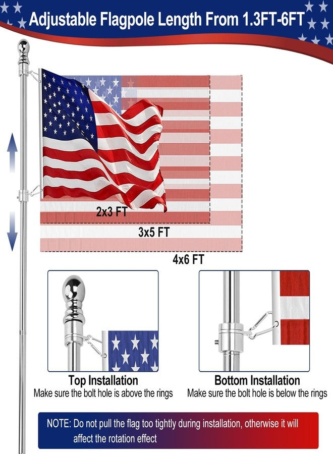 HPGOED Flag Pole Kit, 6 FT Flag Poles for Outside House, Aluminum Alloy Tangle Free Rings, Flagpole Kits with Holder Bracket, Stainless Steel Flagpoles for Residential, Outdoor or Porch, 1 Inch Silver - Image 4