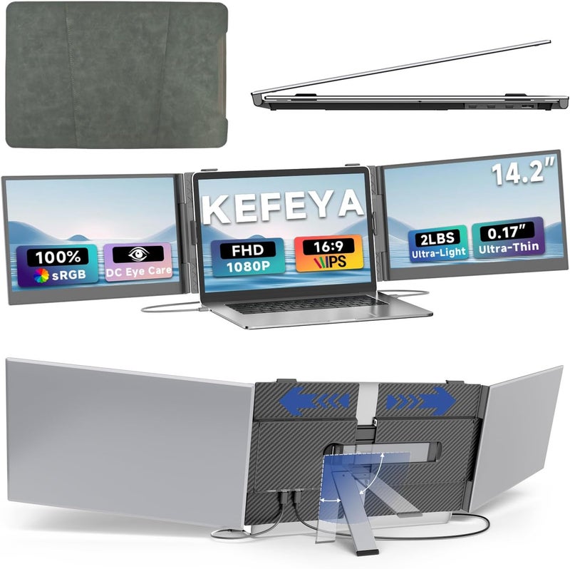 KEFEYA Laptop Screen Extender 14" Triple, 1080P FHD IPS Monitor Extender USB-C HDMI, Plug-Play Portable Monitor for Laptop, Ultrathin for Windows/Mac/Android/Chrome/Linus/PS/Switch, Fit 13.3-17.3" Laptop - Image 1