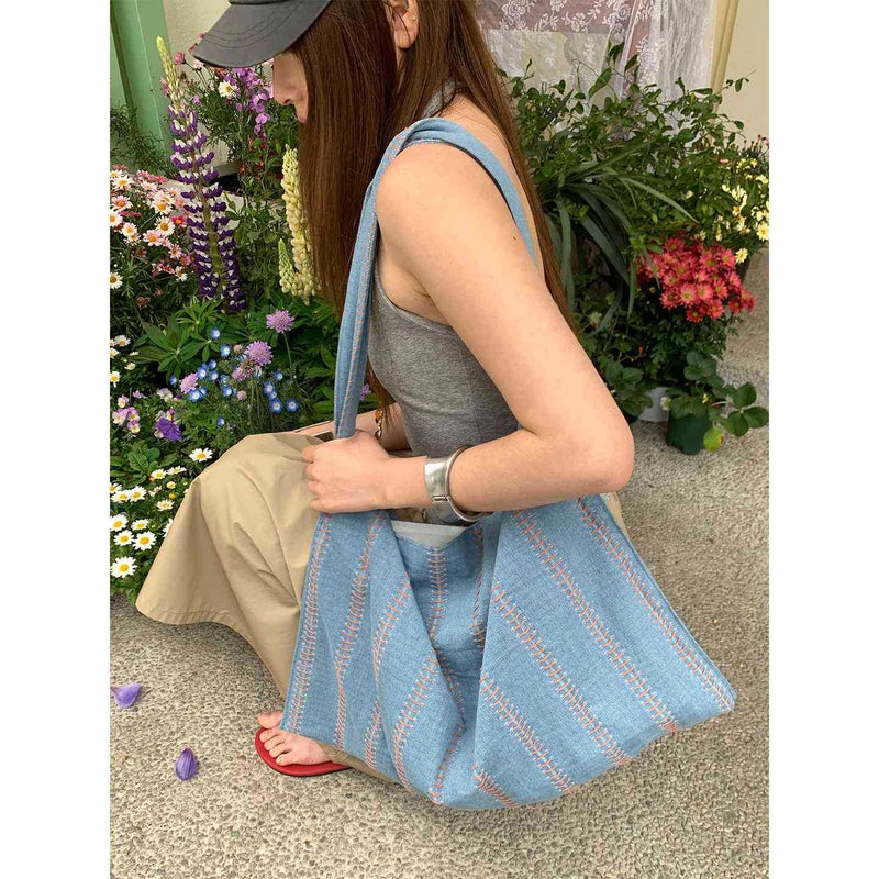 Vintage Denim Canvas Tote Bag for Women with Striped Design - Image 3