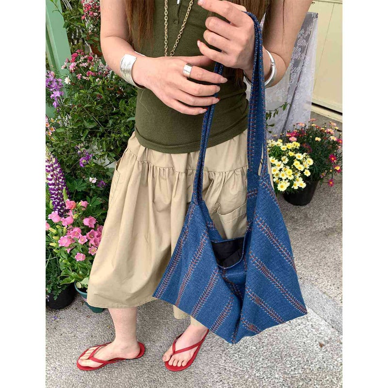 Vintage Denim Canvas Tote Bag for Women with Striped Design - Image 4