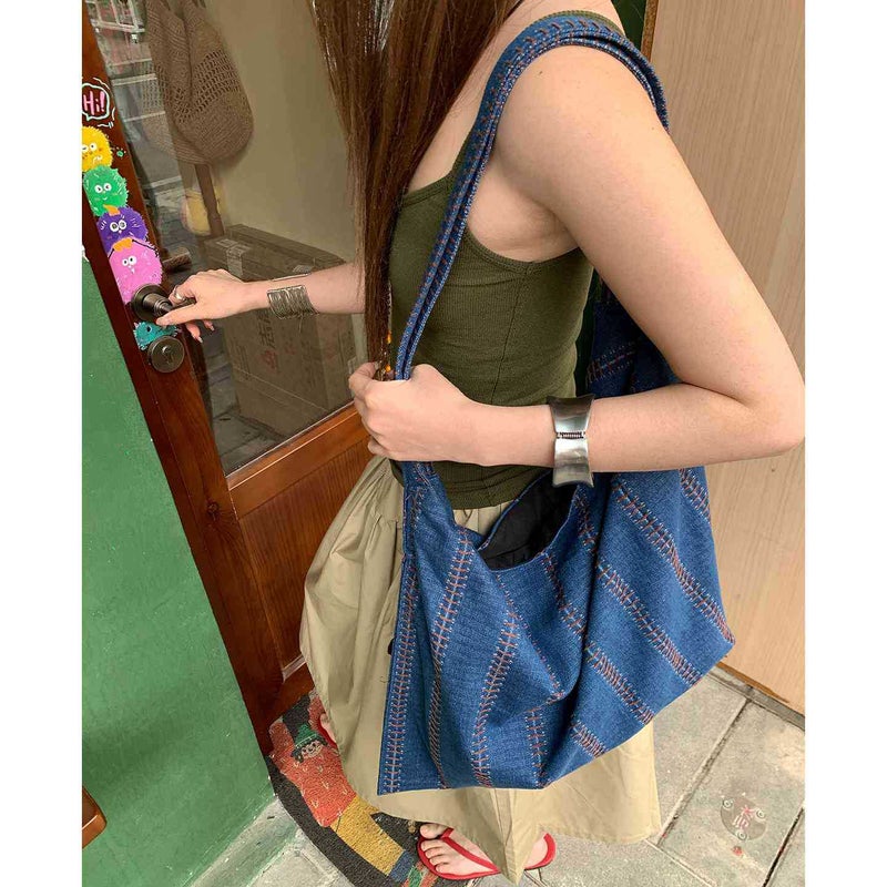 Vintage Denim Canvas Tote Bag for Women with Striped Design - Image 1