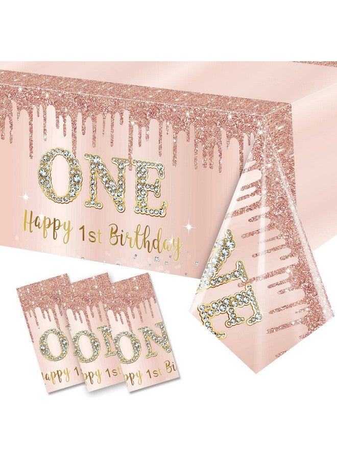 Excelloon 3 Pcs 1st Birthday Tablecloth Decorations for Baby, Pink Rose Gold First Birthday Theme Table Cover Party Supplies, One Year Old Birthday Plastic Disposable Rectangular Table Cloth Decor - Image 1