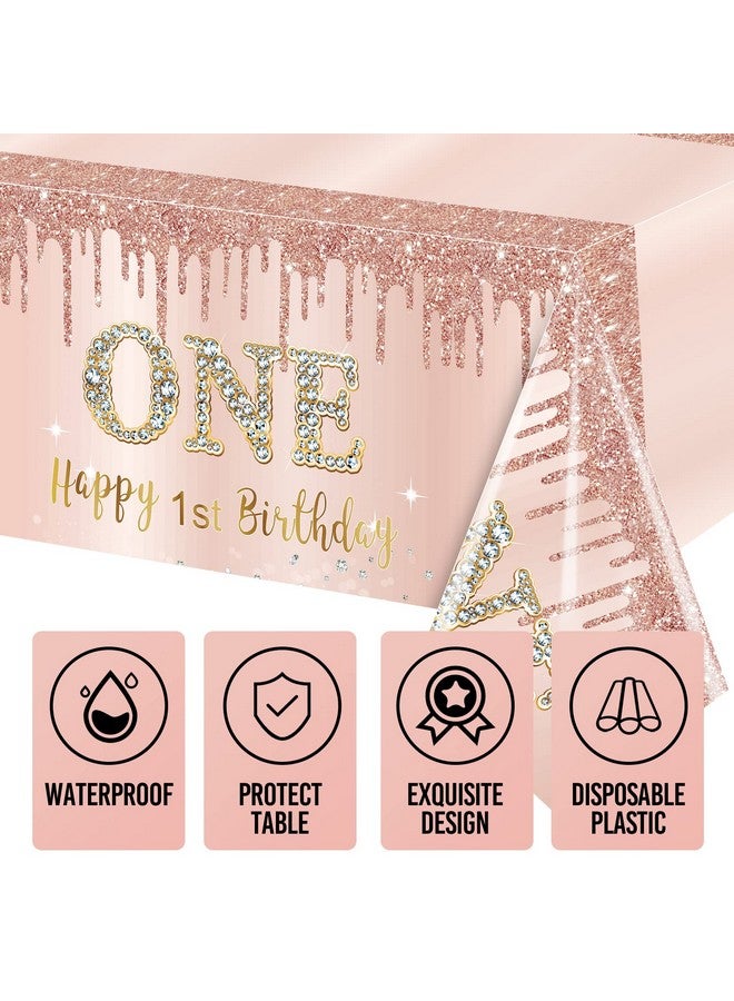 Excelloon 3 Pcs 1st Birthday Tablecloth Decorations for Baby, Pink Rose Gold First Birthday Theme Table Cover Party Supplies, One Year Old Birthday Plastic Disposable Rectangular Table Cloth Decor - Image 3