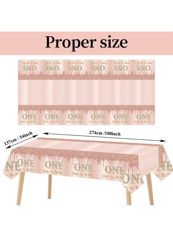 Excelloon 3 Pcs 1st Birthday Tablecloth Decorations for Baby, Pink Rose Gold First Birthday Theme Table Cover Party Supplies, One Year Old Birthday Plastic Disposable Rectangular Table Cloth Decor - Image 2