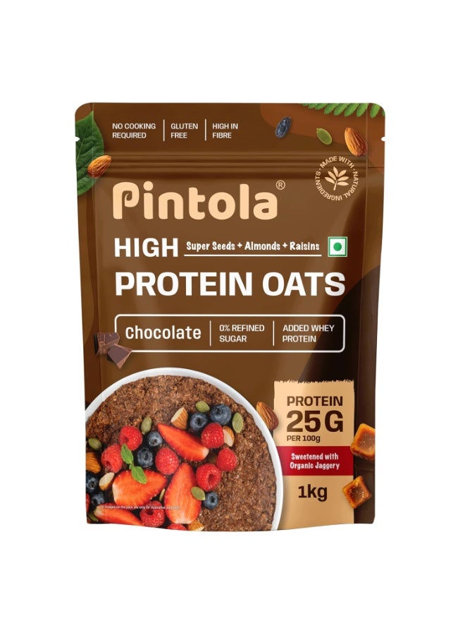 Pintola 25g High Protein Oats 1kg, Dark Chocolate,No Refined Sugar, with Almonds Raisin, Pumpkin and Chia Seeds, 8g Fibre, Rolled Oats for weight loss, Breakfast Cereals | Gluten Free - Image 1