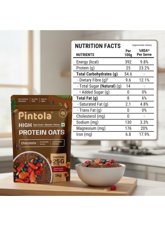 Pintola 25g High Protein Oats 1kg, Dark Chocolate,No Refined Sugar, with Almonds Raisin, Pumpkin and Chia Seeds, 8g Fibre, Rolled Oats for weight loss, Breakfast Cereals | Gluten Free - Image 2