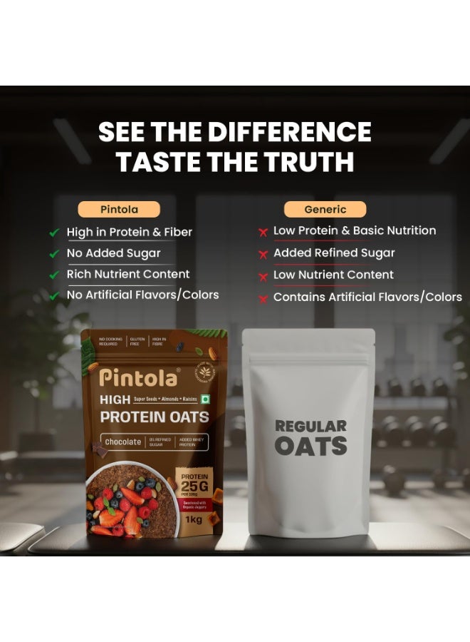 Pintola 25g High Protein Oats 1kg, Dark Chocolate,No Refined Sugar, with Almonds Raisin, Pumpkin and Chia Seeds, 8g Fibre, Rolled Oats for weight loss, Breakfast Cereals | Gluten Free - Image 4