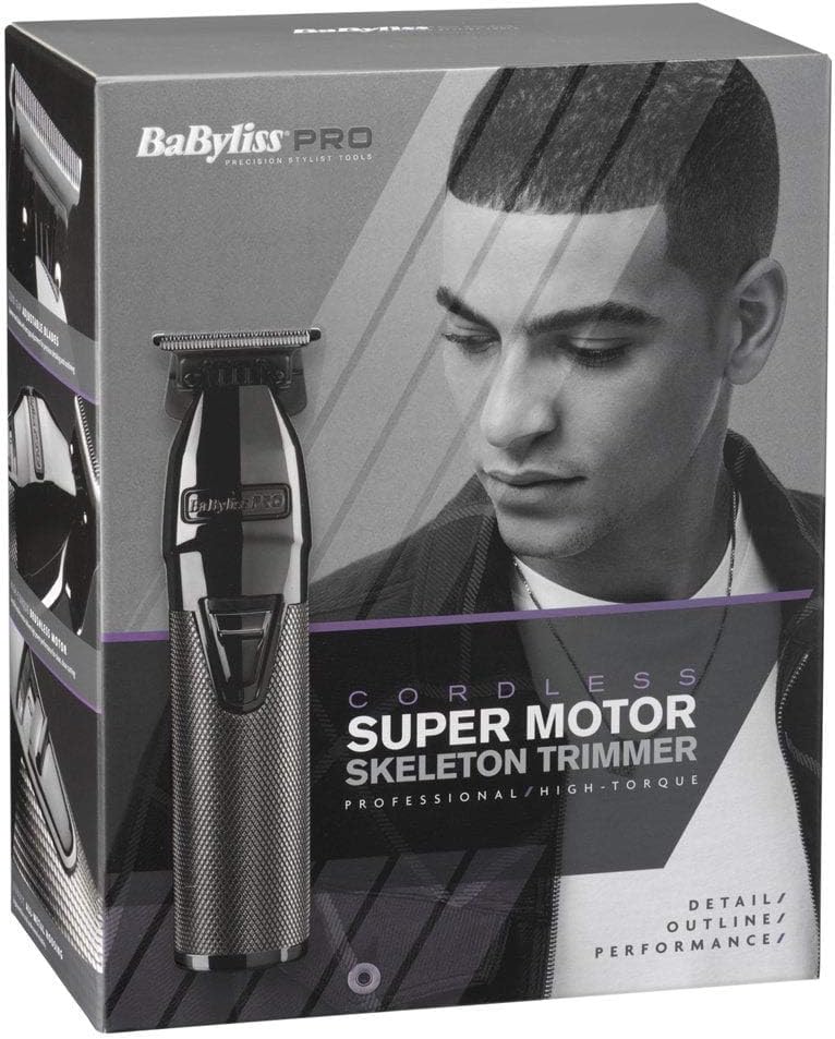 BaByliss Pro Super Motor Professional Skeleton Trimmer, Cord/Cordless use, Long Lasting Rechargeable Lithium Battery, Powerful Motor, Precise Steel Blade, Silver/Black