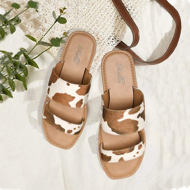 katliu Women's Flat Sandals Two Strap Slide Sandals Open Toe Cow Print Brown 8.5 - Image 2