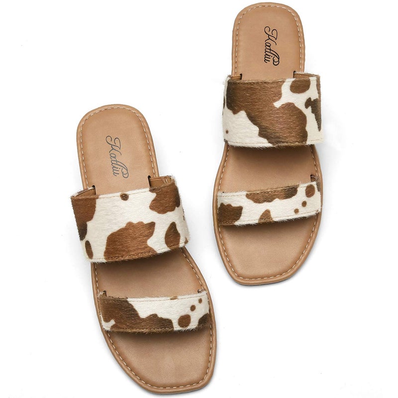 katliu Women's Flat Sandals Two Strap Slide Sandals Open Toe Cow Print Brown 8.5 - Image 1